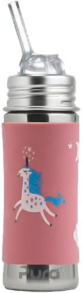 Pura Kiki 11oz/325ml Stainless Steel Straw Bottle w/Sleeve, 100% Plastic-Free, MadeSafe Certified, 100% Medical-Grade Silicone Straw for Kids, Toddlers, Preschoolers, Babies & Infant - New Unicorn