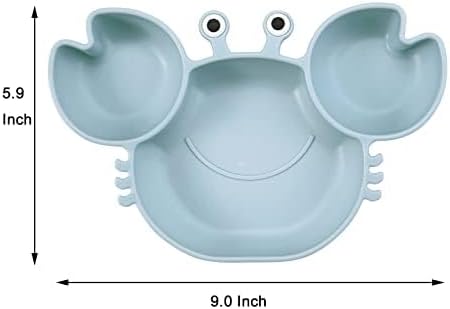 PandaEar 2 Pack Silicone Suction Plates for Baby, Divided Unbreakable Toddler Plate with 2 Pack Spoons for Self Feeding, Babies Utensils Feeding Set Baby Eating Supplies, Crab & Bee Shape -Blue&Green