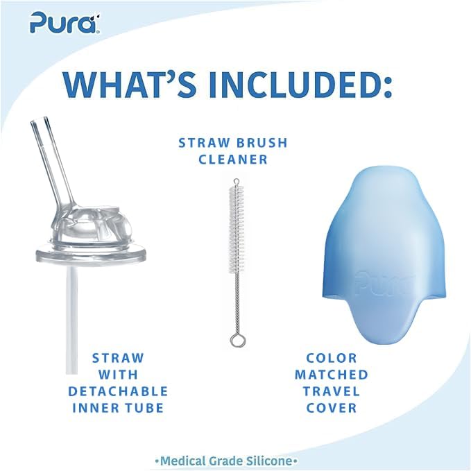 Pura Kiki 11oz/325ml Stainless Steel Straw Bottle w/Sleeve, 100% Plastic-Free, MadeSafe Certified, 100% Medical-Grade Silicone Straw for Kids, Toddlers, Preschoolers, Babies & Infant - New Moss