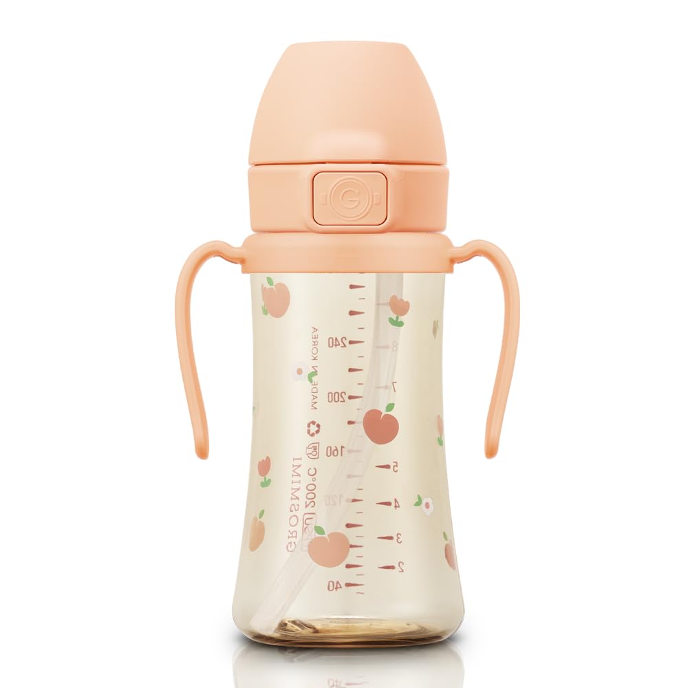 GROSMIMI PPSU Baby Straw Cup Stage 2, 12M+ Spill-Proof, 10oz (Peach Flower)