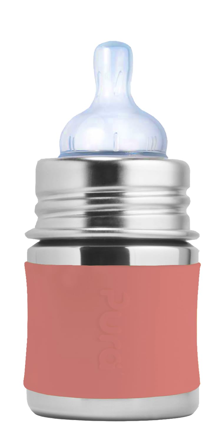 Pura Kid Stainless Steel Baby Bottle 5 oz - Anti-Colic, Vented Nipple, Plastic-Free, Rose