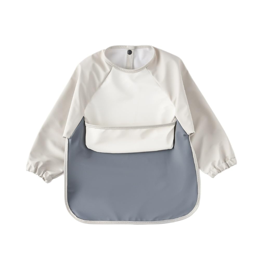 GZMM Waterproof Baby Bibs,Infant Toddler Long Sleeve Feeding Bib With Food Catcher,Wipe Clean & Washable(Beige+milk+grey)