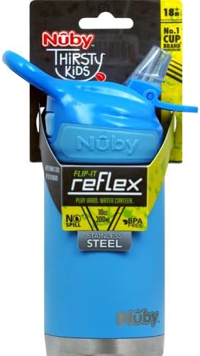 Nuby Thirsty Kids No Spill Flip-It Reflex Stainless Steel Travel Cup or Water Bottle - 10 Oz - 18+ Months - Blue - Back to School Essentials (Pack of 12)