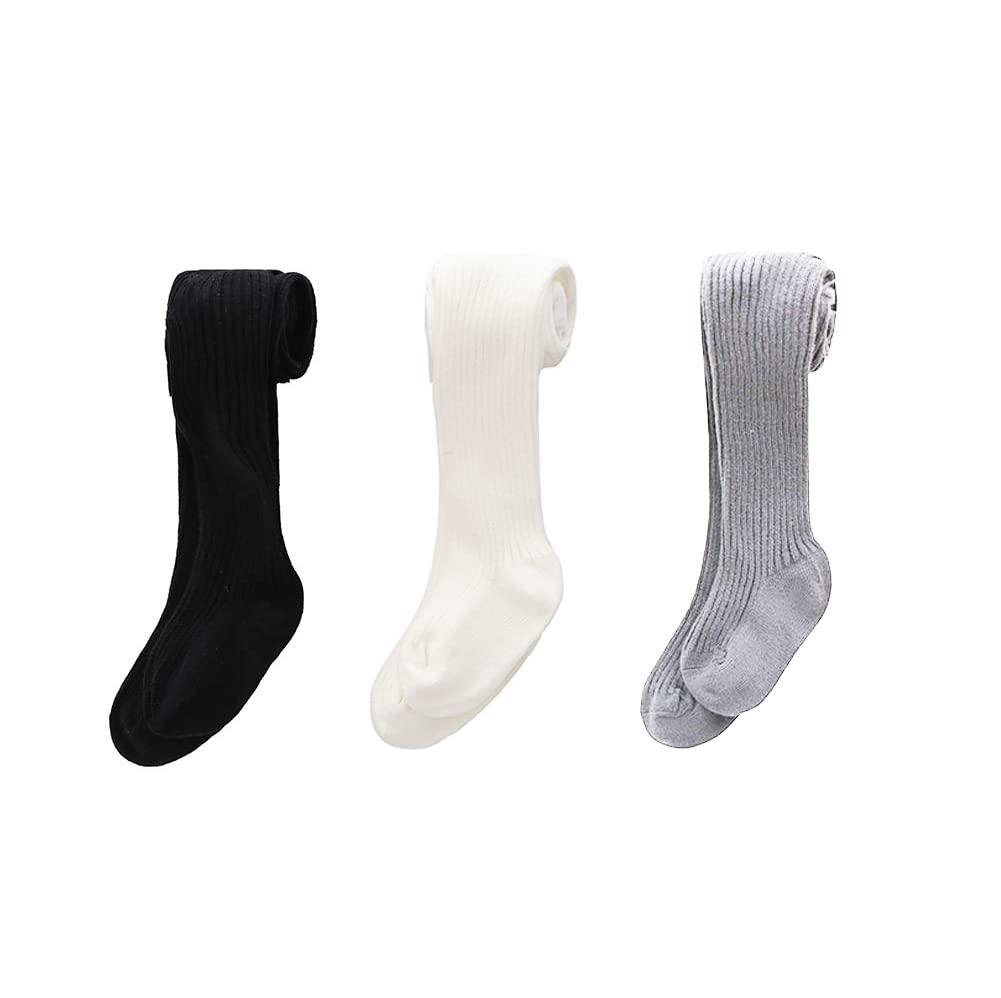 CECORC Girls Tights – Thick Toddlers Girl Leggings -Dance Socks–Seamless Cable Knit Cotton Stockings – Infants Pantyhose 3 Pack, 4-6 Years, White+Black+Grey