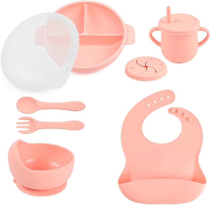 Silicone Baby Feeding Set - Perfect silicone plates for baby & Toddler Plates with lid, Baby Bowls with Suction, Baby Utensils - Baby Led Weaning Supplies & Eating Essentials - (Peach)