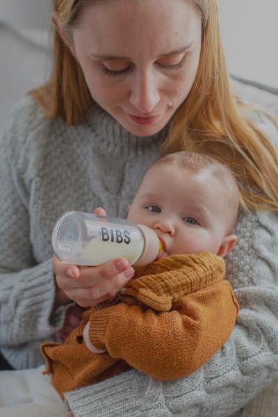 BIBS Baby Glass Bottle Complete Set 110 ml | BPA Free Natural Rubber | Made in Denmark | Blush
