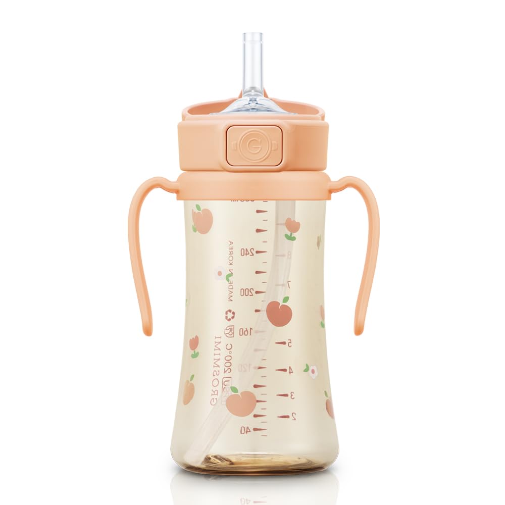 GROSMIMI PPSU Baby Straw Cup Stage 2, 12M+ Spill-Proof, 10oz (Peach Flower)