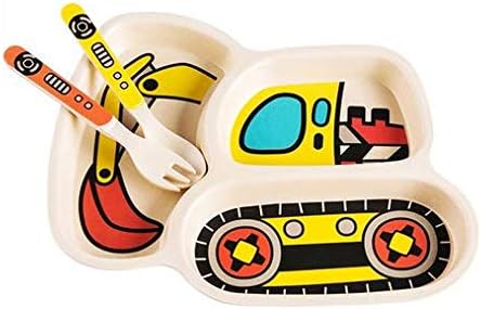 Toddler Plates Dinnerware Dinner Dish Set Baby Feeding Spill Proof Divided Plate - Baby Spoon and Fork 3-Piece Set Teaches Child Portion Control (excavator/bulldozer)