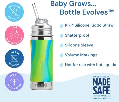 Pura Kiki 11oz/325ml Stainless Steel Straw Bottle w/Sleeve - 100% Plastic-Free, MadeSafe Certified, 100% Medical-Grade Silicone Straw for Kids, Toddlers, Preschoolers, & Infant - New Aqua Swirl