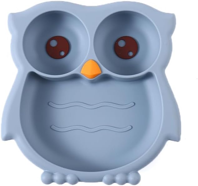 PandaEar Toddler Suction Plates, Stay Put Divided Baby Plates, Owl Shape BPA-Free 100% Food-Grade Silicone Unbreakable Baby Plate, Baby Feeding Supplies (Blue)