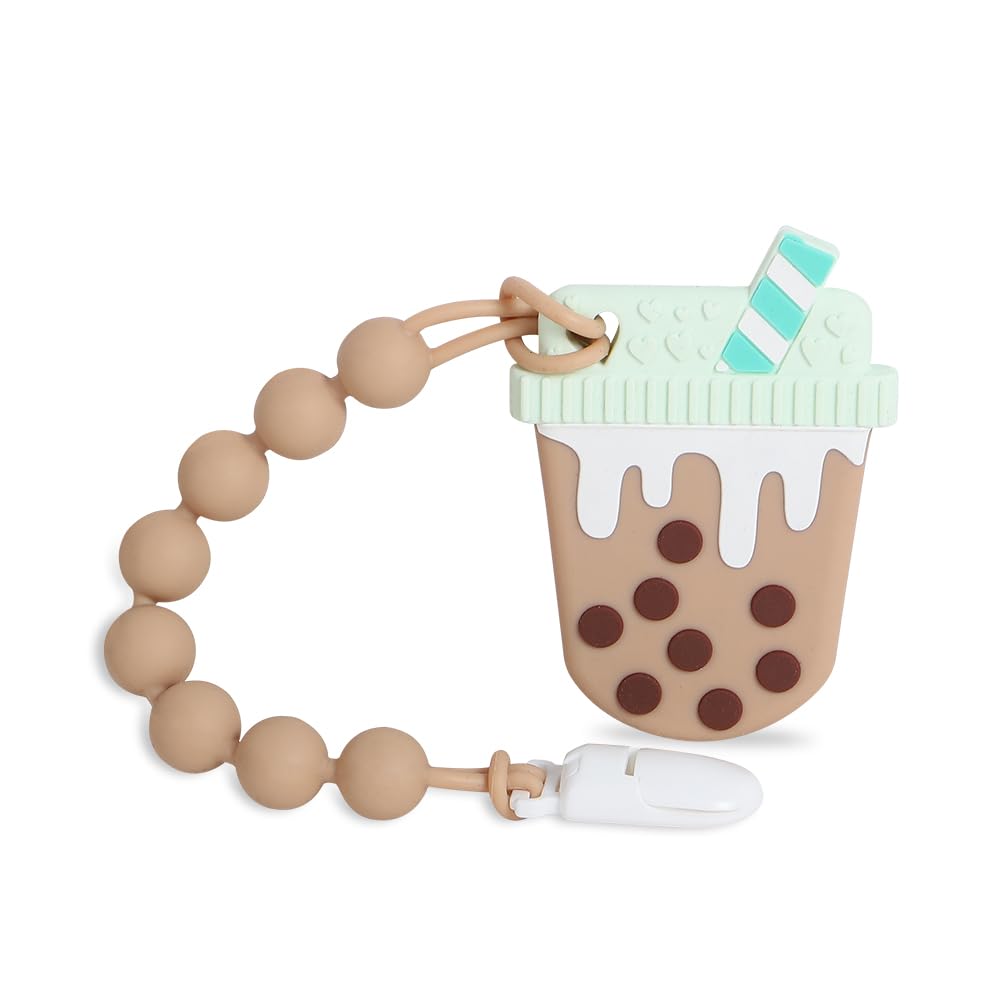 Baby Food Grade Silicone Bubble Tea Cup Teething Toys with Pacifier Clip