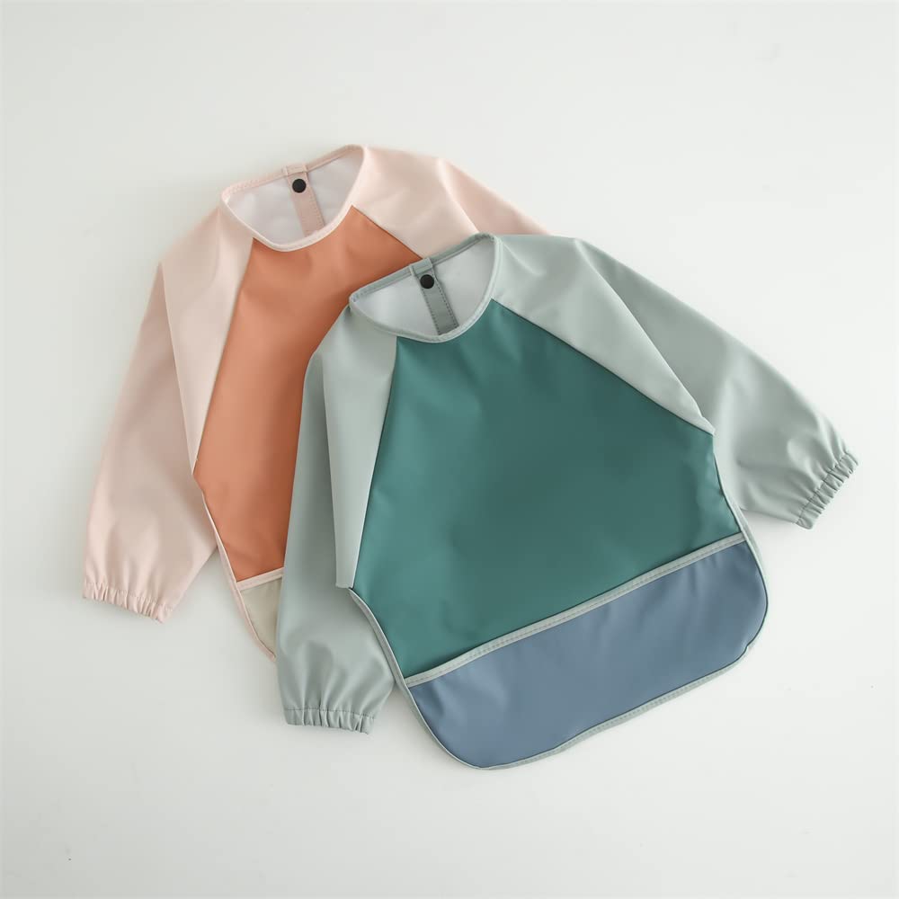 GZMM Waterproof Baby Bibs,Infant Toddler Long Sleeve Feeding Bib With Food Catcher,Wipe Clean & Washable