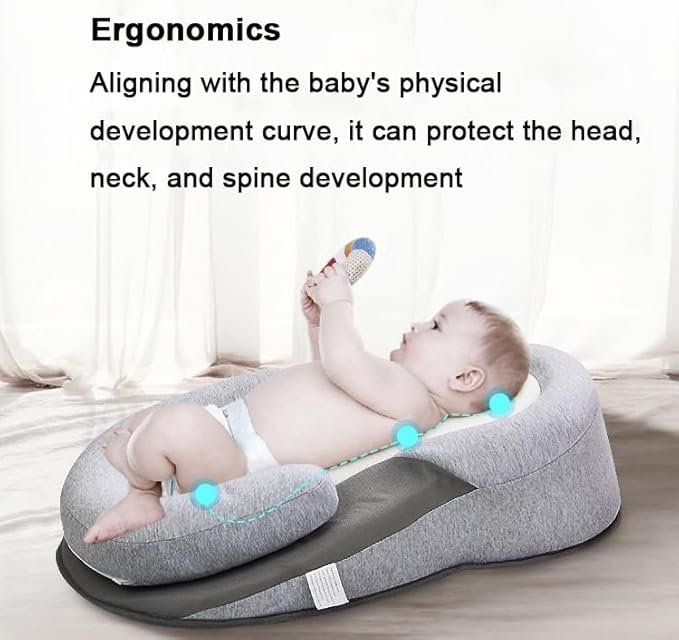 Baby Feeding Support Pillow, Anti Overflow Feeding Pillow, Nursing Pillow with Safety Strap, Baby Lounger Reflux Wedge Breastfeeding (Grey)