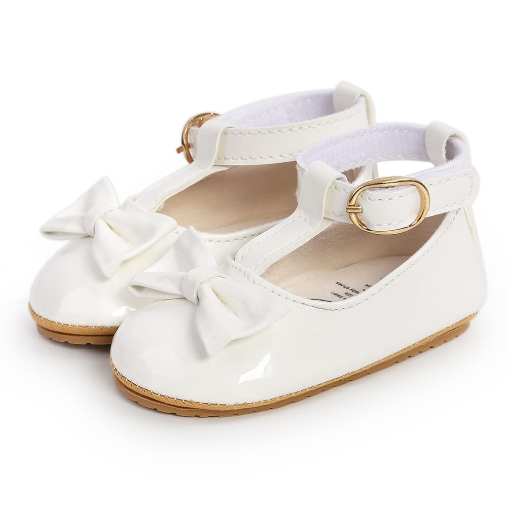 COSANKIM Baby Girls Mary Jane Flats Shoes Anti-Slip Rubber Sole Infant Toddler Princess Wedding Dress Shoes(01 White, 3-6 Months Infant)