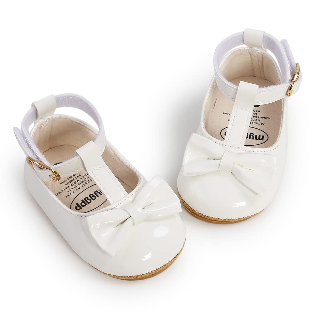 COSANKIM Baby Girls Mary Jane Flats Shoes Anti-Slip Rubber Sole Infant Toddler Princess Wedding Dress Shoes(01 White, 3-6 Months Infant)