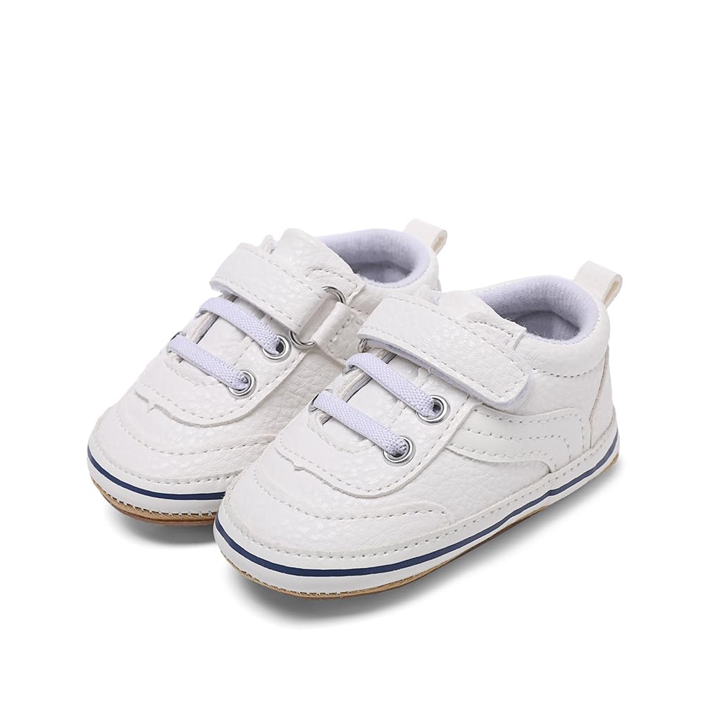 Clowora Baby Boys Girls Shoes Non-Slip Rubber Sole Sneakers Infant First Walking Toddler Crib Shoes Newborn Loafers Flats. (0611/White,0-6 Months)