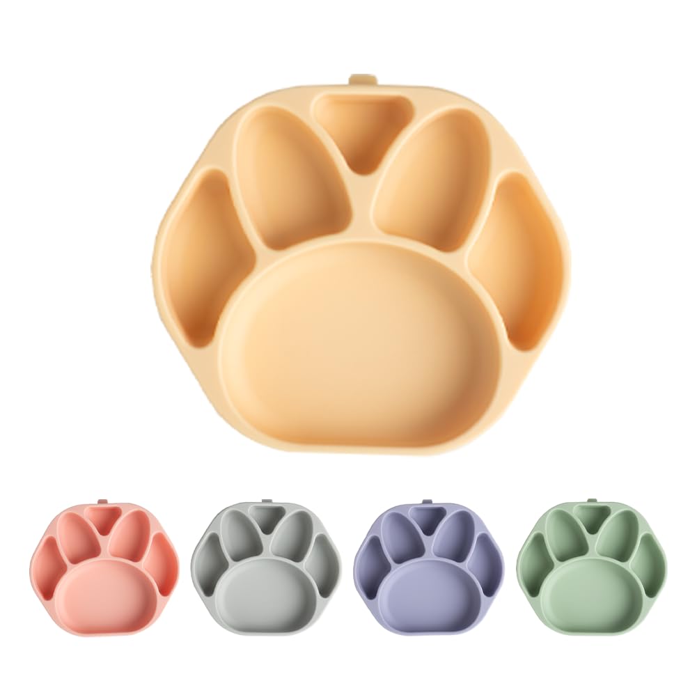 SILUNITY Baby Plates with Suction - Self-Feeding Tools for Baby - Made in Korea - Suction Plates Feeding Essentials - Ideal Baby Food Plates - Perfect Design for Toddlers (Bear Claw) (Gray)