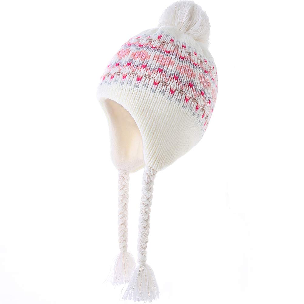 Moon Kitty Girls Winter Knit Hat with Ear Flaps 3-10 Years Soft Stretchy Beanie with Pom Pom Warm Toddler Hat for Cold Weather, Hypoallergenic Cute Blue