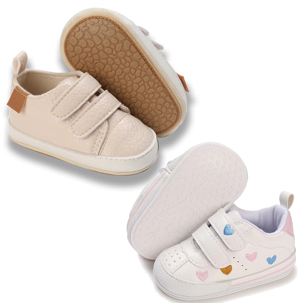 eitwo 2Pairs Baby Shoes,Boys Girls Non-Slip Rubber Sole Sneakers,Unisex Infant Soft Lightweight First Walking Crib Shoes (2Pairs_Heart+Beige,3-6 Months)