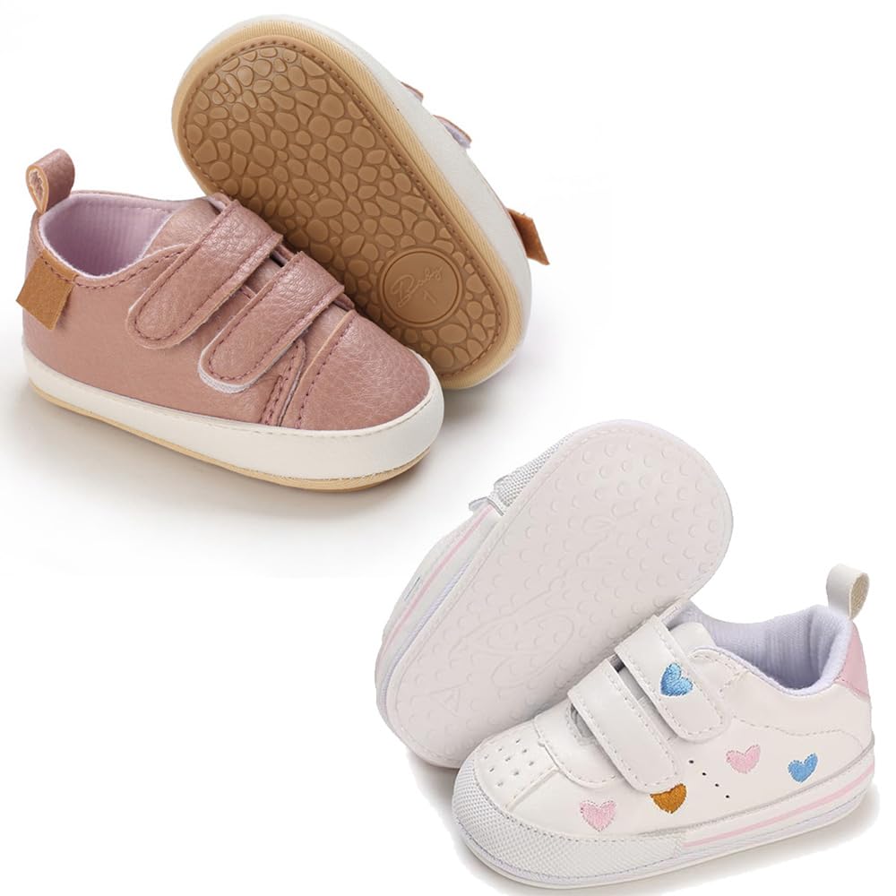 eitwo 2Pairs Baby Shoes,Boys Girls Non-Slip Rubber Sole Sneakers,Unisex Infant Soft Lightweight First Walking Crib Shoes (2Pairs_Heart+White,3-6 Months)