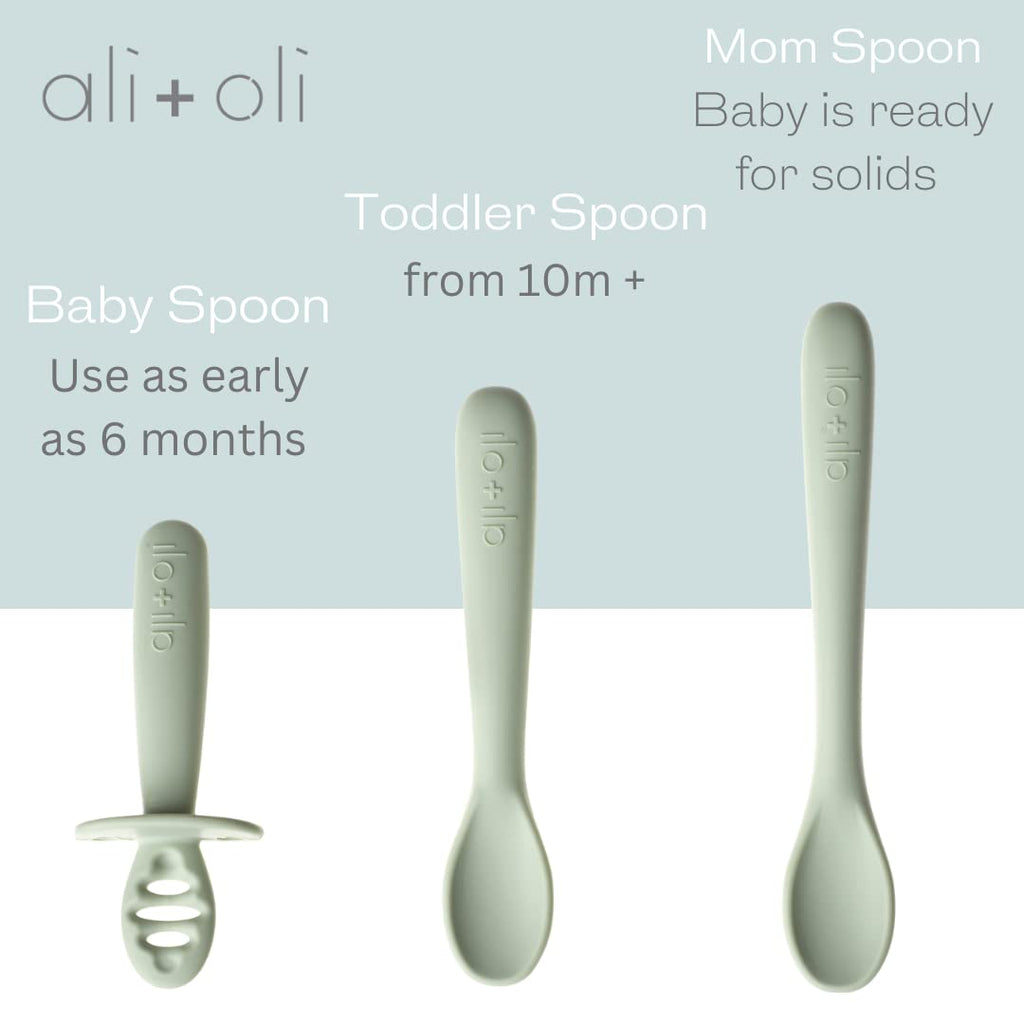Ali+Oli (3pc) Silicone Spoon Set for Baby (Pine) Unbreakable Baby Spoons, Self Feeding Utensils, Multi-stage Design, Ergonomic Handle