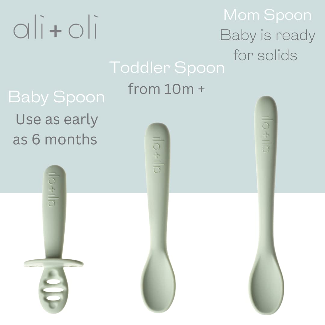 Ali+Oli (3pc) Silicone Spoon Set for Baby (Pine) Unbreakable Baby Spoons, Self Feeding Utensils, Multi-stage Design, Ergonomic Handle