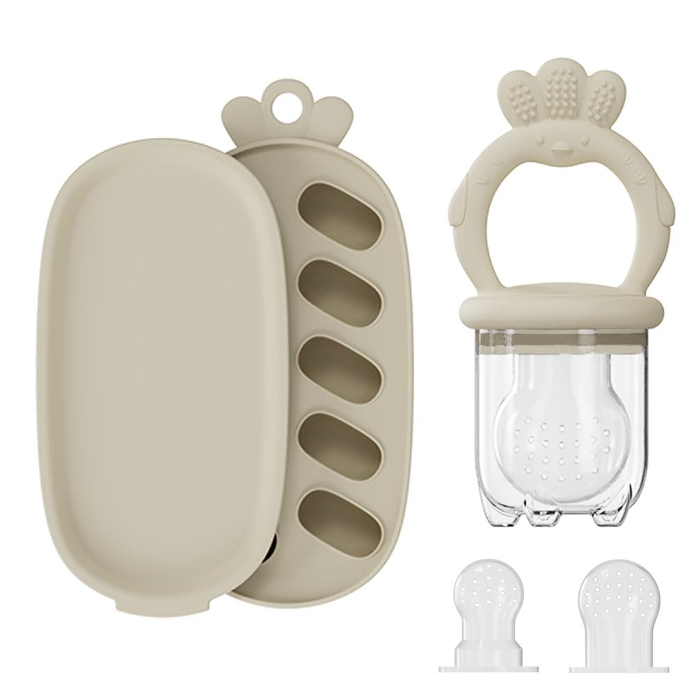 Baby Food Fruit Feeder with Freezer Tray Breastmilk Popsicle Molds Silicone Fruit Feeder for Self Feeding Teething Relief Toys (Yellow)