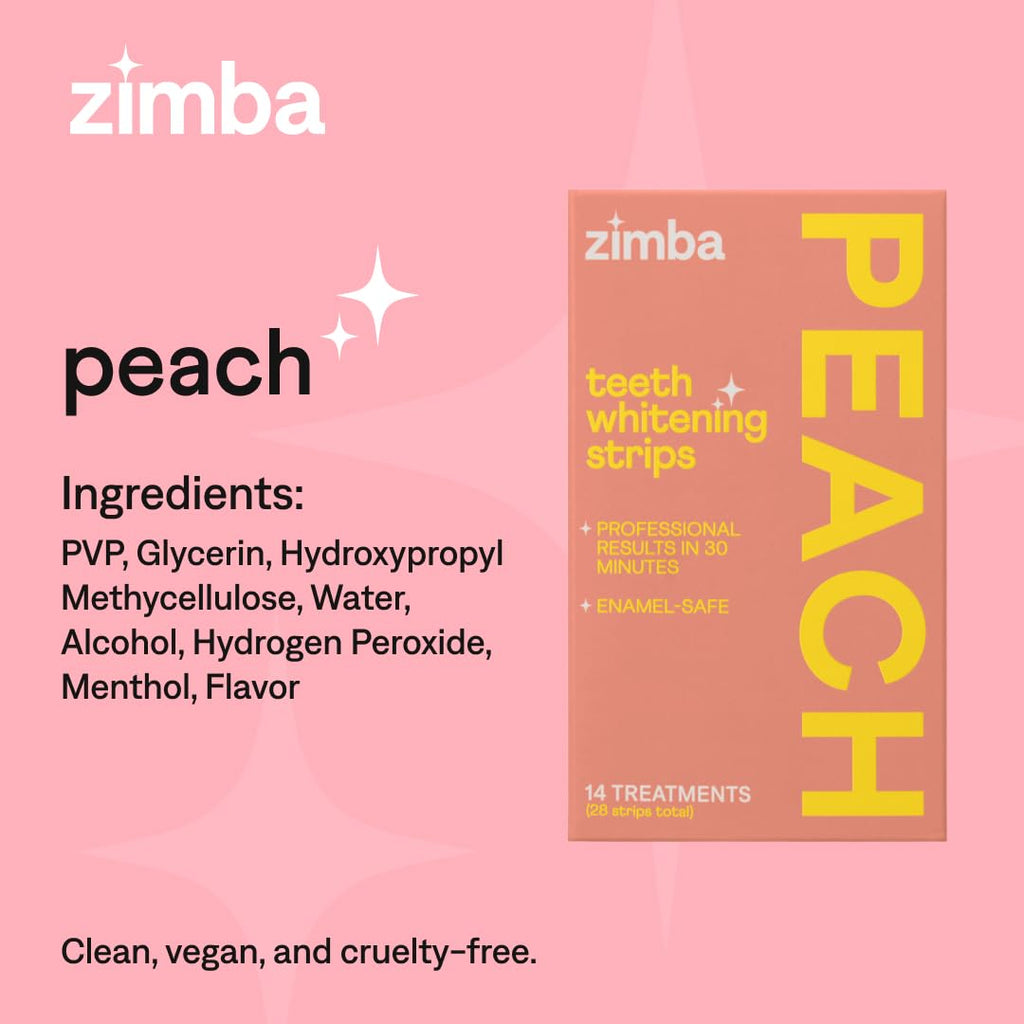 Zimba Teeth Whitening Strips Vegan Whitening Strip Enamel Safe Teeth Whitening Hydrogen Peroxide Teeth Whitener for Coffee, Wine, and Other Stains, 28 Strips (14 Day Treatment), Peach