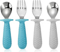 PandaEar 4 Set Baby Toddler Silicone Stainless Steel Utensils Silverware Spoon Fork for Baby Toddler BPA Free with Silicone Holding Anti-Choke Design (Blue&Grey)