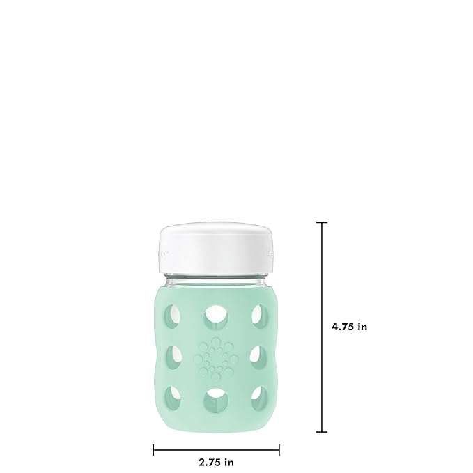 Lifefactory 8-Ounce Wide Neck Glass Baby Bottle with Protective Silicone Sleeve and Flat Cap, Mint (LG2231WMI4)