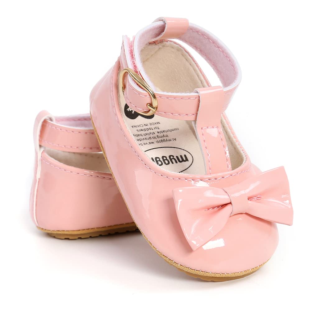 COSANKIM Baby Girls Mary Jane Flats Shoes Anti-Slip Rubber Sole Infant Toddler Princess Wedding Dress Shoes(01 Pink, 12-18 Months Toddler)