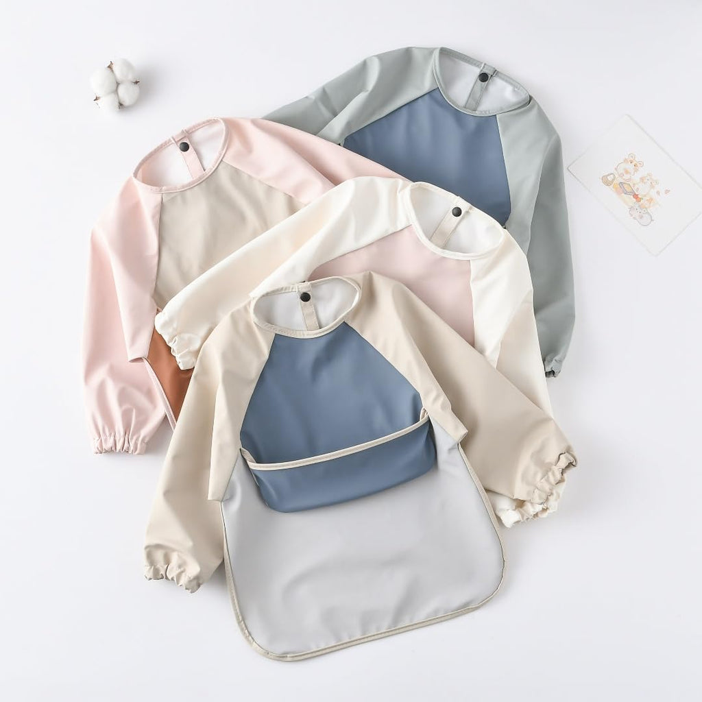 GZMM Waterproof Baby Bibs,Infant Toddler Long Sleeve Feeding Bib With Food Catcher,Wipe Clean & Washable(Beige+milk+grey)
