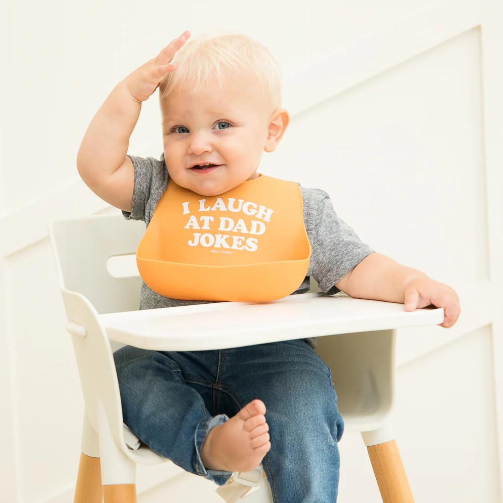 Bella Tunno Wonder Bib - Adjustable Silicone Baby Bibs for Girls & Boys, Durable and Waterproof BPA Free Silicone, I Laugh at Dad Jokes