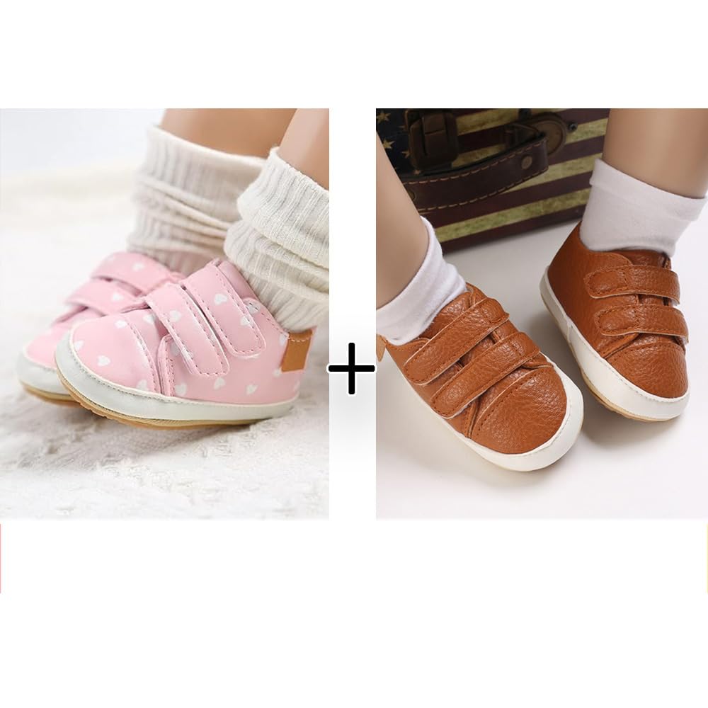 eitwo 2Pairs Baby Shoes,Boys Girls Non-Slip Rubber Sole Sneakers,Unisex Infant Soft Lightweight First Walking Hoes(2Pairs_Brown+PinkHeart,12-18 Months)