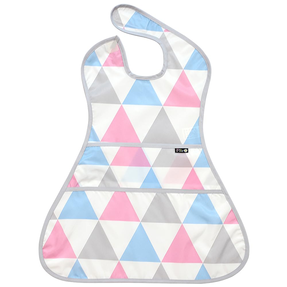 Plie Full Coverage Waterproof Feeding Bib for Toddlers – Extra Long Apron Bib for Mealtime, Self-Feeding, High Chair, Food Catcher, BPA-Free, Easy to Clean - Pink/Triangle