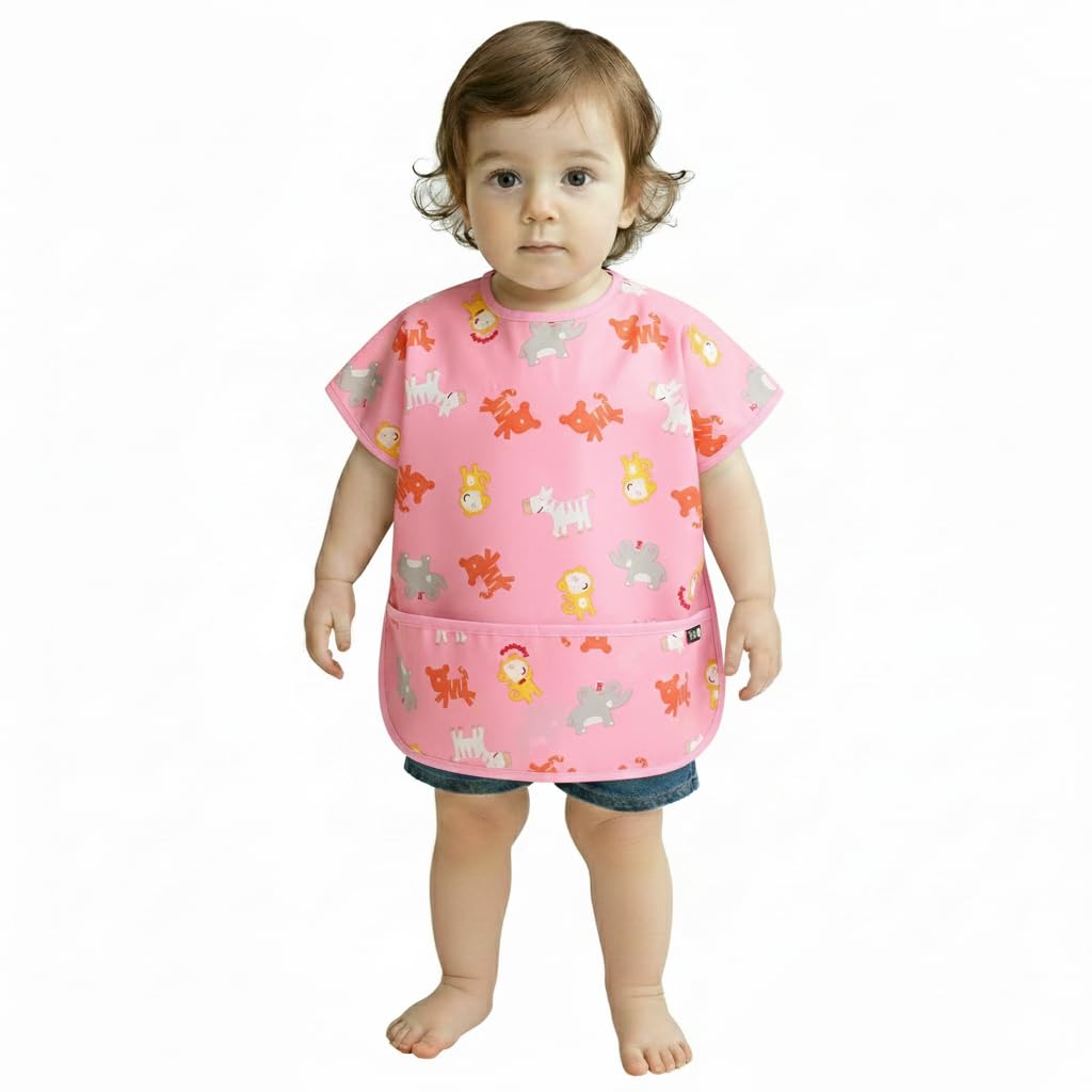 Plie Short Sleeve Waterproof Bib for Toddlers – Easy Clean Feeding Apron for Mealtime, Daycare, Self-Feeding & Messy Play, Lightweight BPA-Free Baby Bib (6–24 Months) - Pink/Animals