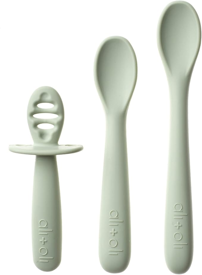 Ali+Oli (3pc) Silicone Spoon Set for Baby (Pine) Unbreakable Baby Spoons, Self Feeding Utensils, Multi-stage Design, Ergonomic Handle
