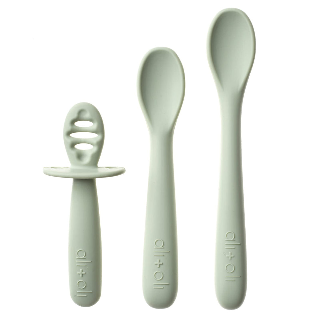 Ali+Oli (3pc) Silicone Spoon Set for Baby (Pine) Unbreakable Baby Spoons, Self Feeding Utensils, Multi-stage Design, Ergonomic Handle