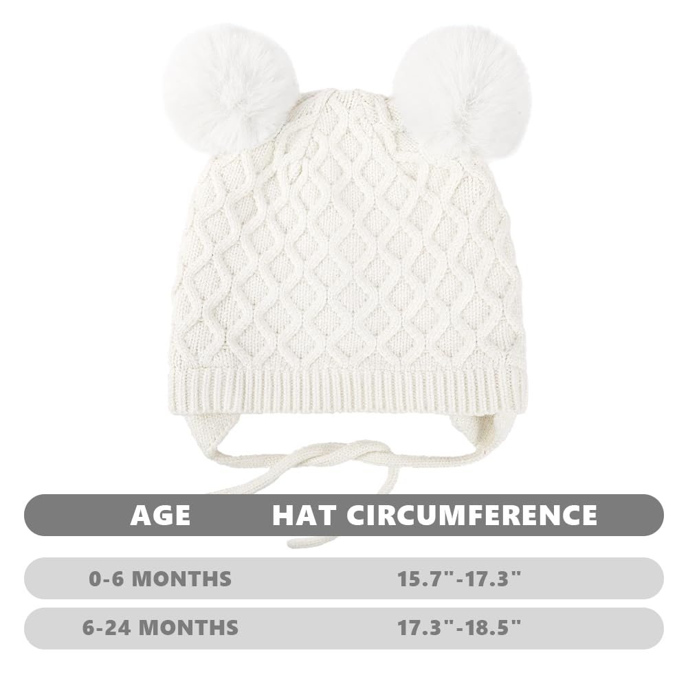 Labeol Baby Hats, Soft Warm Winter Knit Toddler Beanie with Windproof Earflap, Baby Beanie with Cute Pom-pom Ears, Fall Winter Hats for Toddler Kids Girls Boys (0-6M, White)