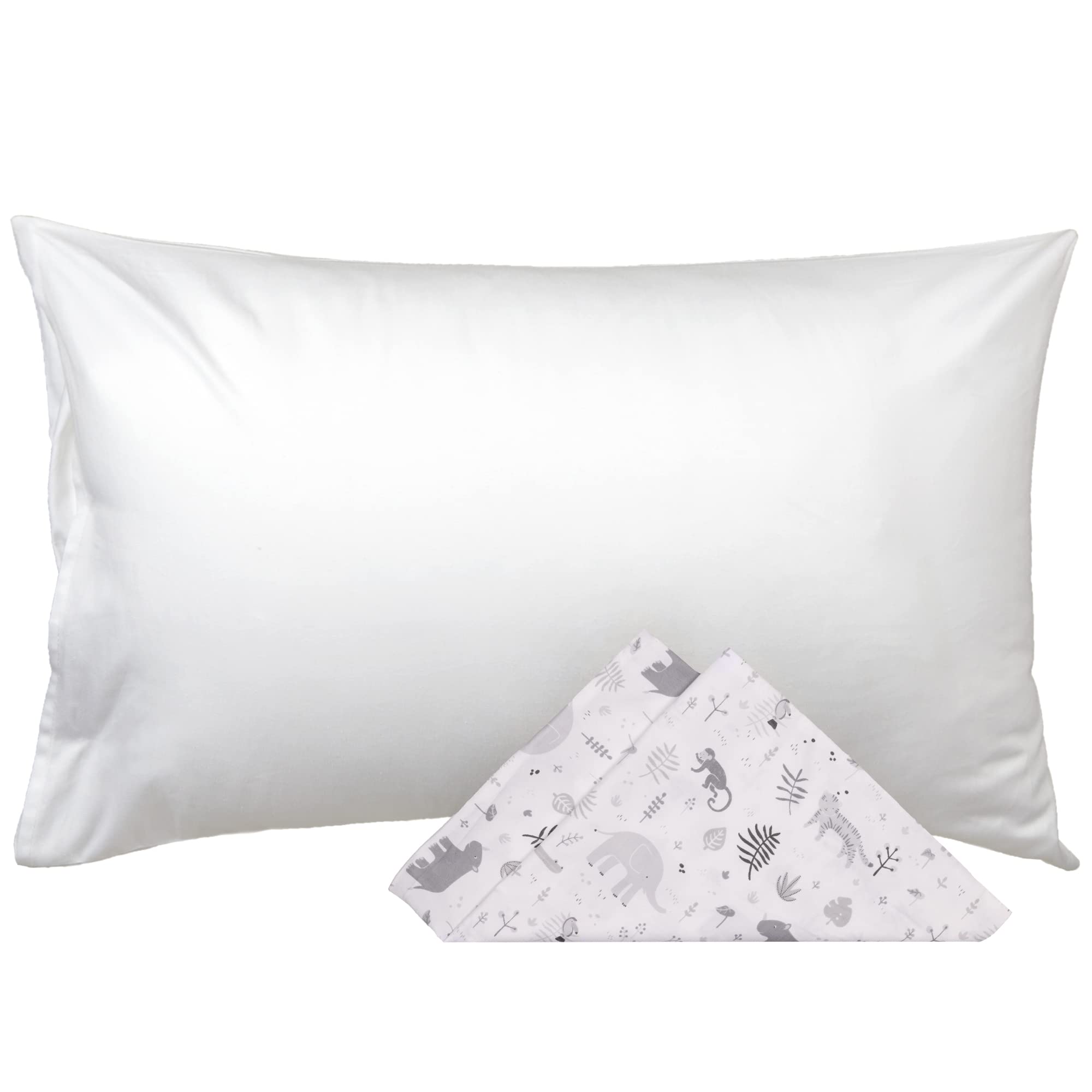 WeeSprout Toddler Polyester Organic Cotton Shell and Pillowcases, Small Kids Pillow, Soft and Supportive Polyfiber Filling, Machine Washable, 18 x 13 x 3 (White + Safari Print, 3 Piece Set)