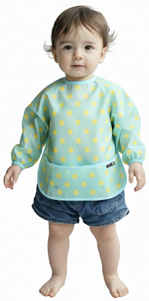 Plie Long Sleeve Waterproof Bib for Toddlers – Soft Feeding Smock for Baby Mealtime, Self-Feeding, Painting & Messy Play, BPA-Free, Easy Clean (6–24 Months) - Mint/Dot