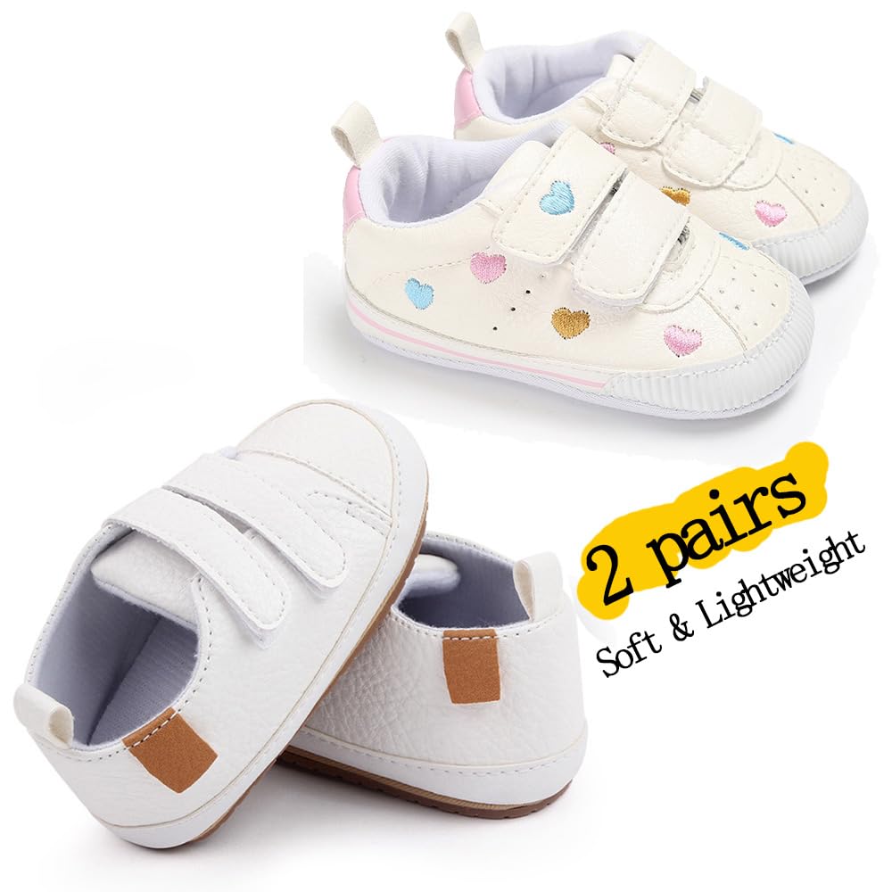 eitwo 2Pairs Baby Shoes,Boys Girls Non-Slip Rubber Sole Sneakers,Unisex Infant Soft Lightweight First Walking Crib Shoes (2Pairs_Heart+White,3-6 Months)