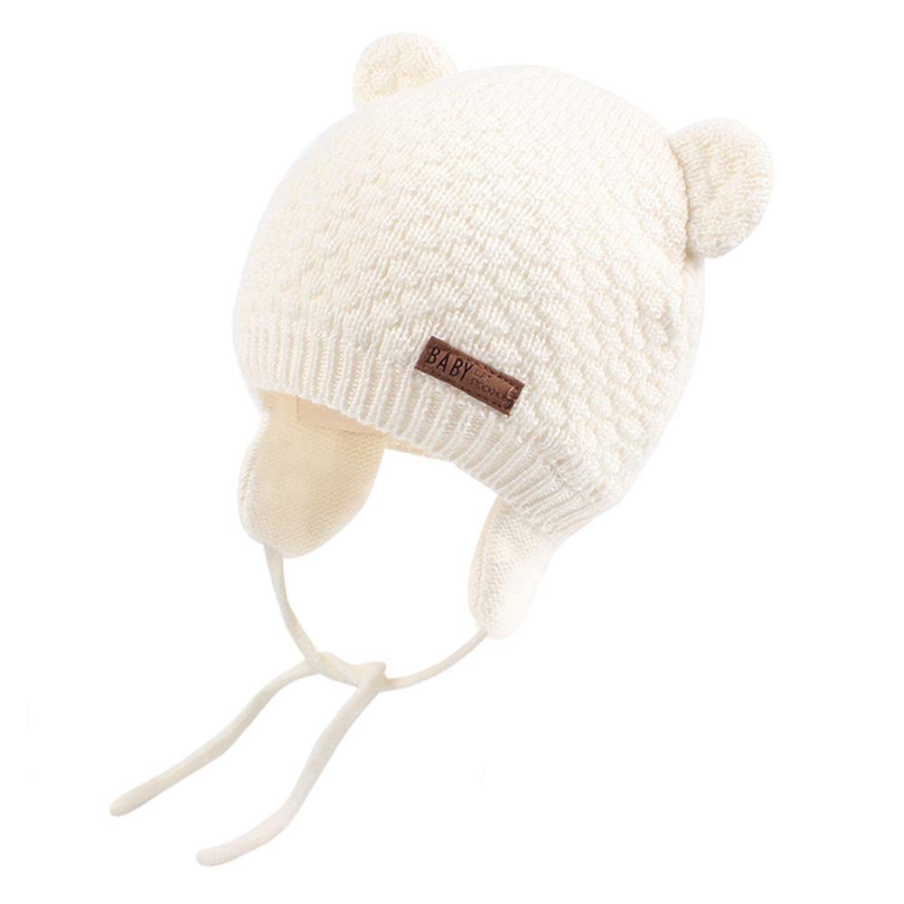 XIAOHAWANG Warm Baby Hat Cute Bear Toddler Earflap Beanie for Fall Winter (6-12 Months, A-White)