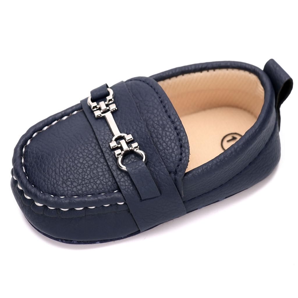 LONSOEN Infant Shoes Boys Loafers Baby Girls Crib Moccasins Classic Synthetic Leather Wedding Dress Shoes,BAY209 Deep Blue 0-6 Months