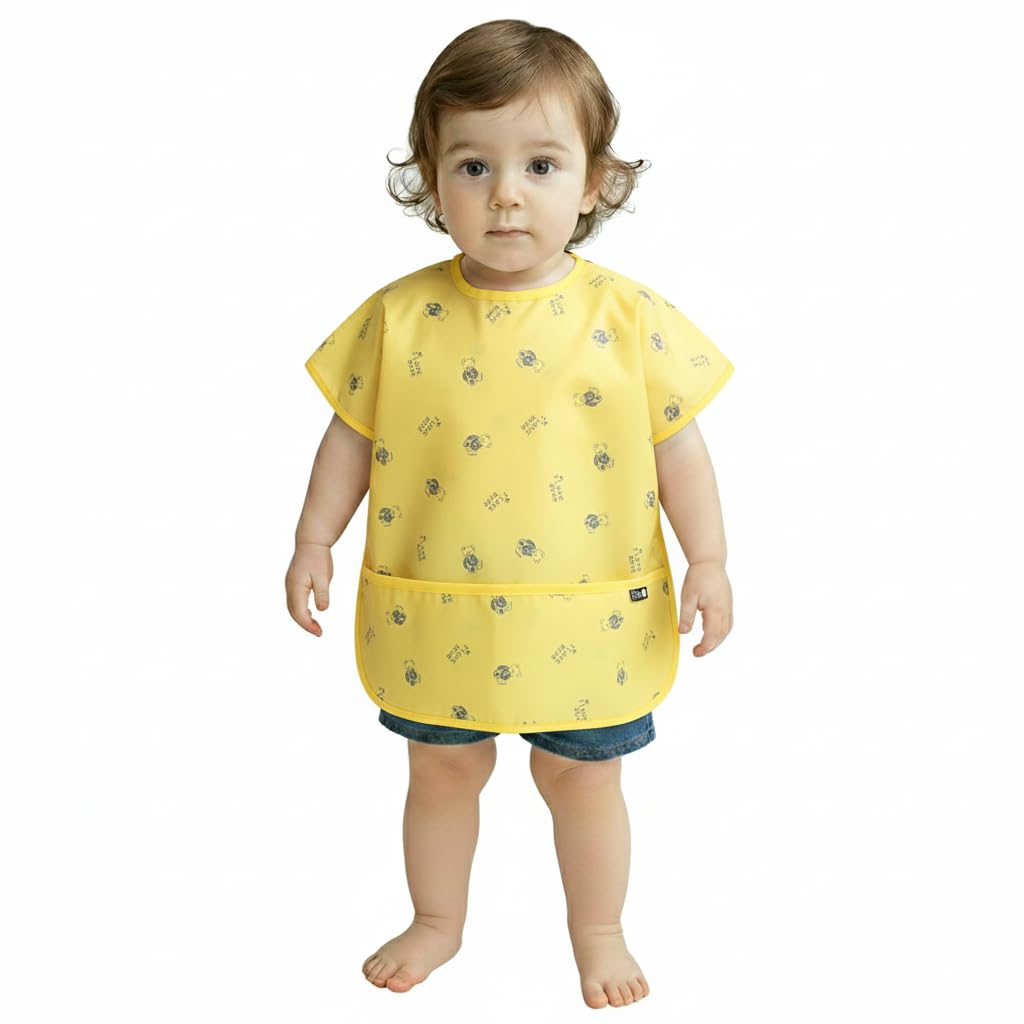 Plie Short Sleeve Waterproof Bib for Toddlers – Easy Clean Feeding Apron for Mealtime, Daycare, Self-Feeding & Messy Play, Lightweight BPA-Free Baby Bib (6–24 Months) - Yellow Bear