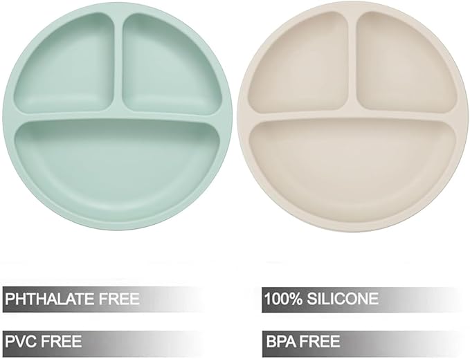 PandaEar Baby Feeding Set| 2 Pack Silicone Divided Suction Plate, 2 Set Toddler Spoons & Forks| Baby Led Weaning Supplies Self Feeding Eating Utensils