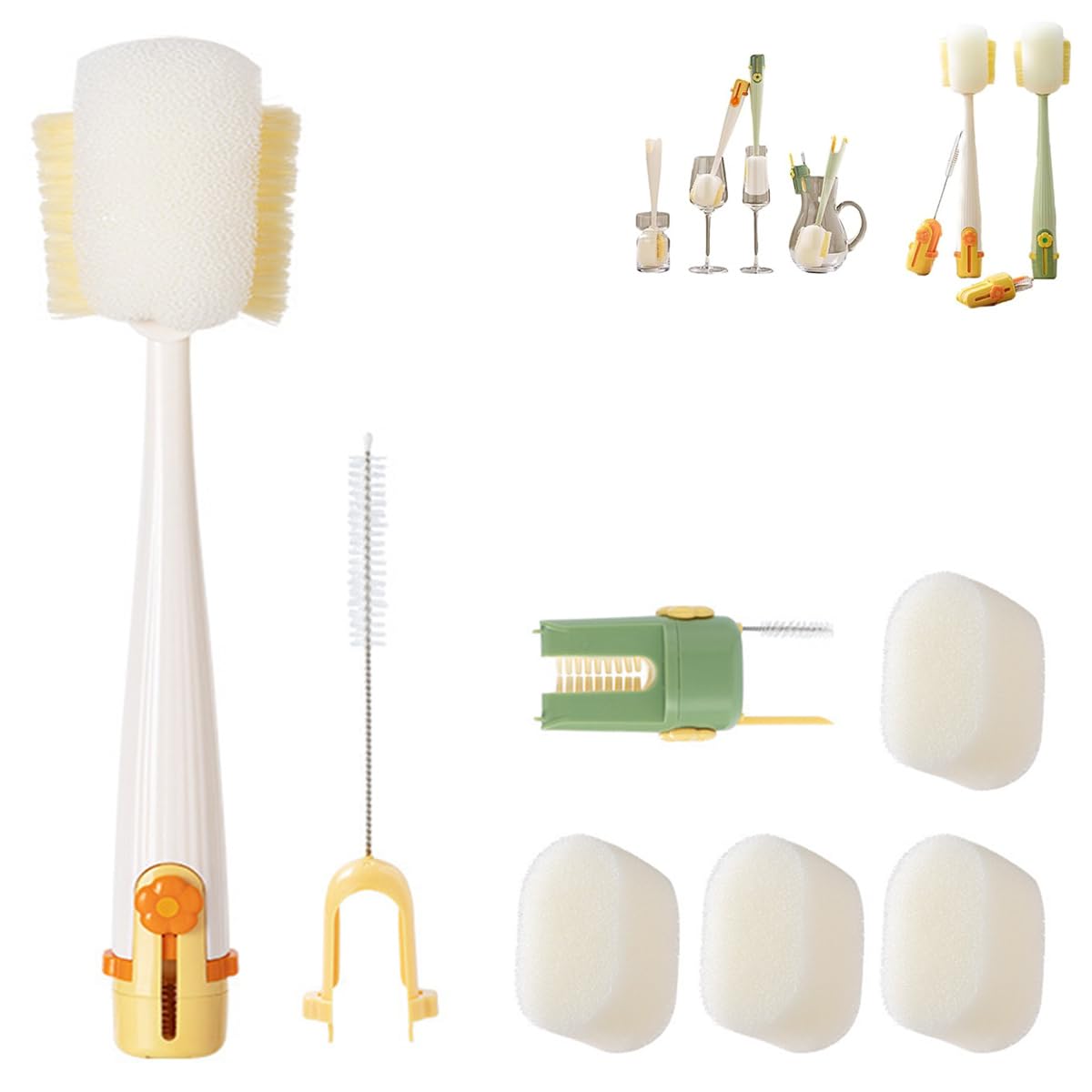 5 in 1 Bottle Cleaning Brush Set, Multifunctional Bottle Cleaning Brush Set, Water Bottle Cleaner Brush, Straw Cleaner Brush for Baby Bottles, 3 Replacement Sponge Brush Heads (White)