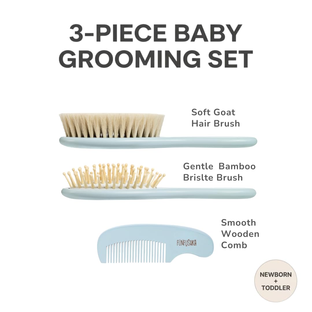 FUNFUSHKA Baby Hair Brush Set for Newborns - Baby Brush and Comb Set - Ultra Soft Goat Hair Bristles, Perfect for Cradle Cap, Newborn Showers & Registries Gift, Comb Brush for Girls & Boys (Sky)