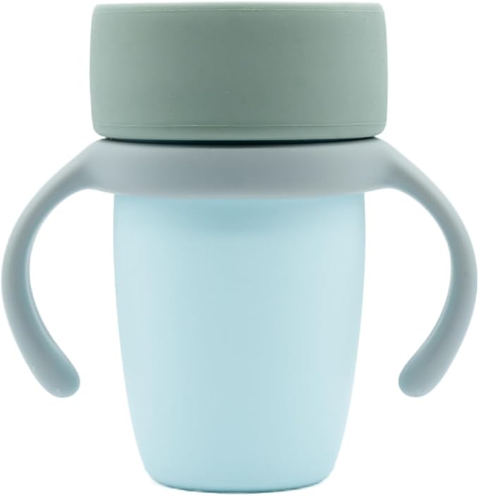 WeeSprout Baby Training Cup - Silicone Sippy Cup with Removable Handles for Weaning Off Bottle - Transition Spill-Proof Toddler Cups - No-Spill Design (Sky/Matte Green/Light Gray)
