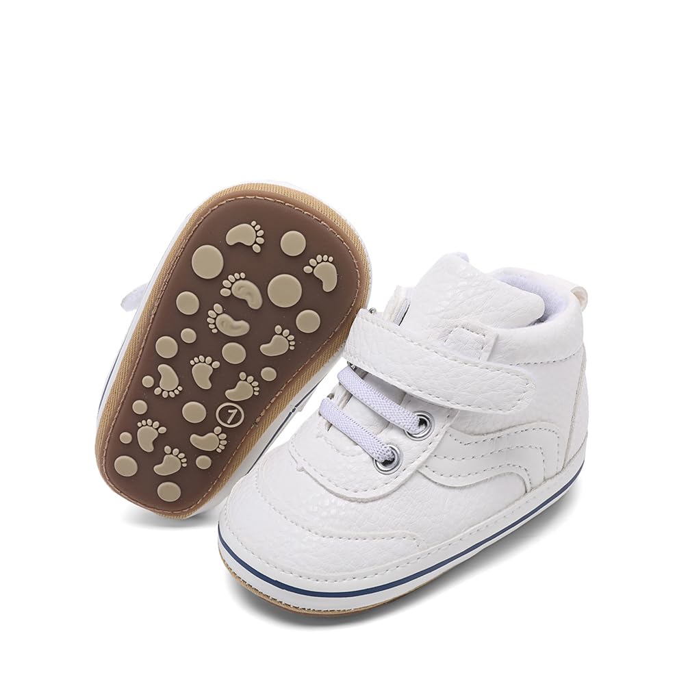 Clowora Baby Boys Girls Shoes Non-Slip Rubber Sole Sneakers Infant First Walking Toddler Crib Shoes Newborn Loafers Flats. (0611/White,0-6 Months)